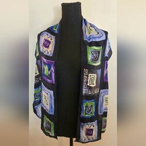 Talbots 100% SILK SCARF W/Geometric Patterns - Purple, Blue, Green, Black, White